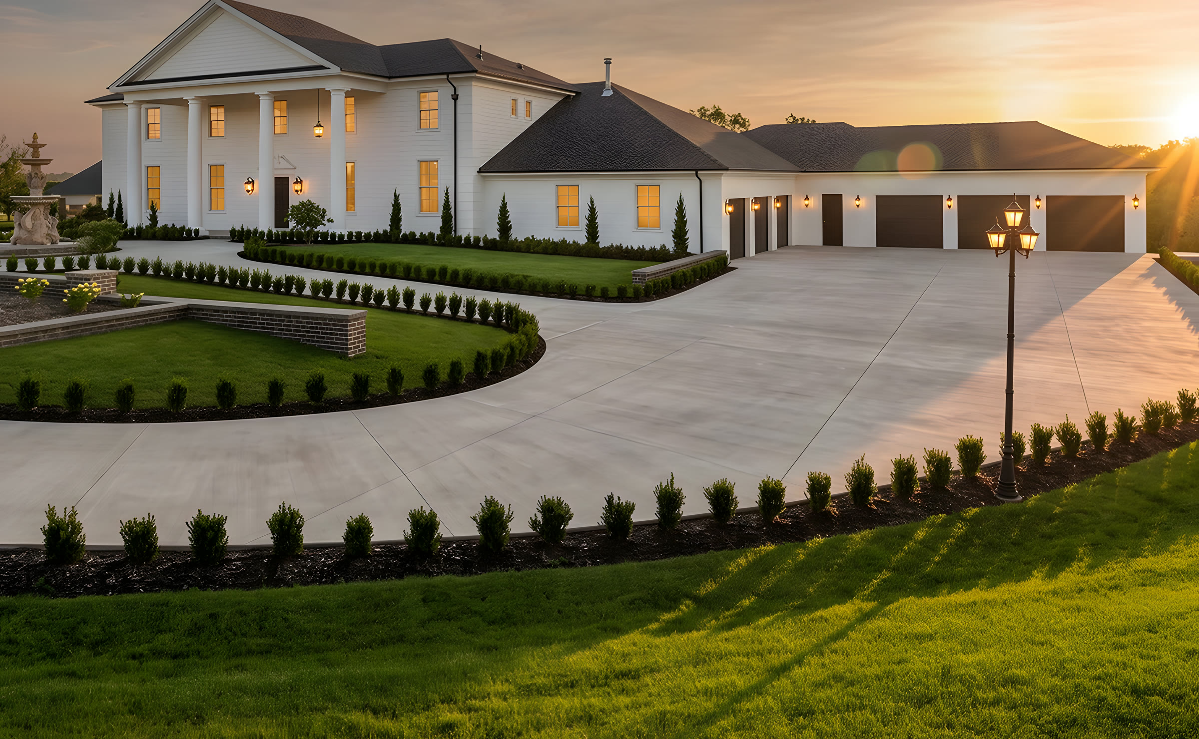 The estate at dusk with the pool lit