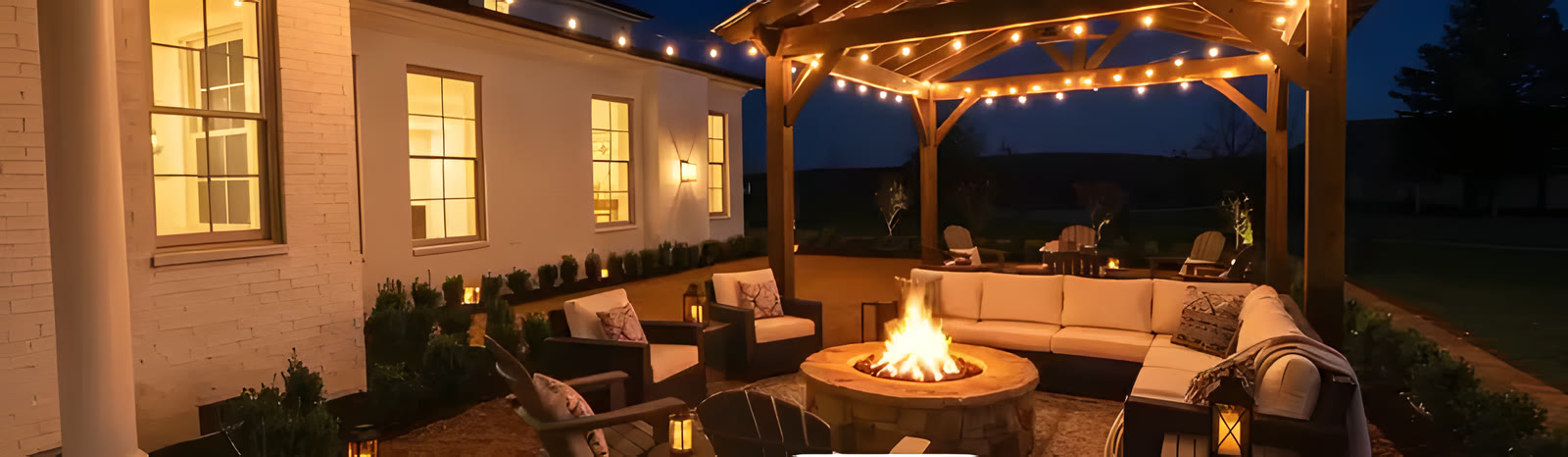 Covered patio with fire pit at night